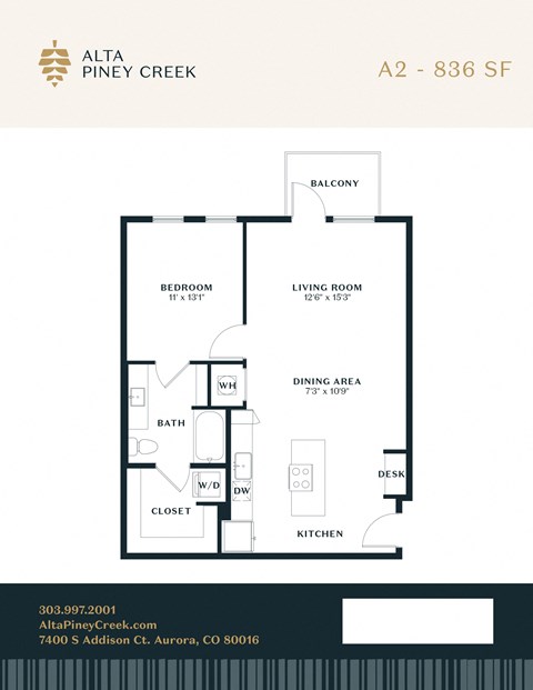 Floor plan for 1 bed, 1 bath, 836 sqft